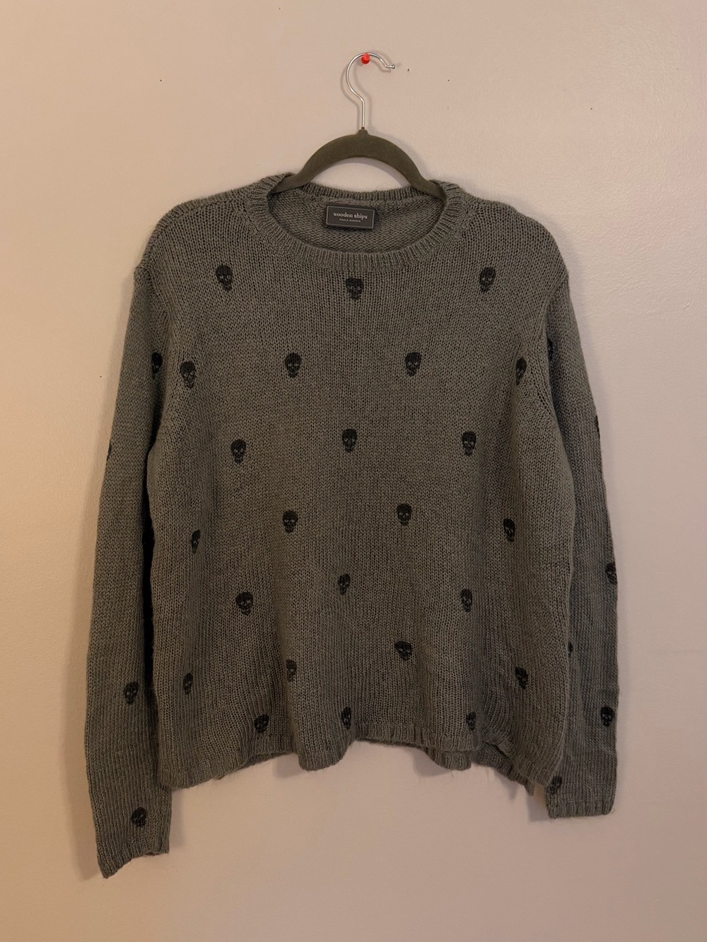 Wooden Ships Skull Printed Crew Knit Sweater Gray S/M